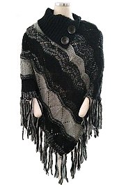 Multi-Tone Button Accent Fringe Knitted Poncho wholesale