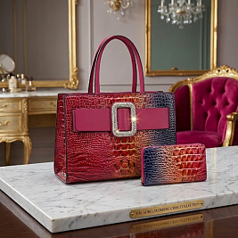 2-IN-1 Crocodile Rhinestone Belt Buckle Satchel + Wallet