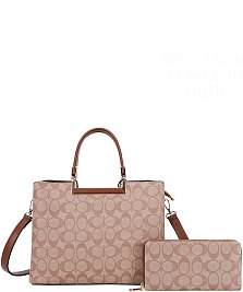2-IN1 Oval Print Round Handle Satchel W Wallet Set