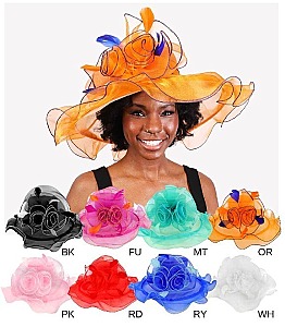 ORGANZA Roses and Feathers WIDE BRIM DERBY HAT