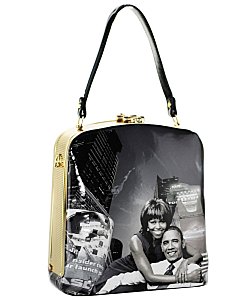 Obama Magazine Print - Fashion Magazine Print Faux Patent Leather Handbag With Gold Harware JP28PB9207
