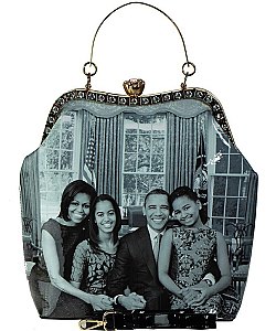 The Obamas Fashion Magazine Print Patent Faux Leather Handbag With Gold Embellishments JP7211