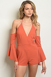 Cold Shoulder Fitted Romper with A Halter V Neckline and Long Sleeves with Ruffle Detail - Pack of 6 Pieces