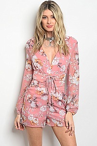 Long Sleeve Floral Print V-neck Romper - Pack of 6 Pieces