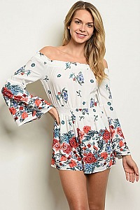 Long Bell Sleeve Off The Shoulder Floral Romper - Pack of 5 Pieces