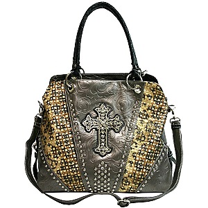 Laser Cut Cross Stoned Accented Handbag