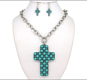 CROSS TURQUOISE BEAD  NECKLACE & EARING SET