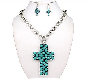 CROSS TURQUOISE BEAD  NECKLACE & EARING SET