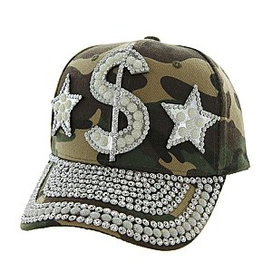 Dollar & Stars w/ Studs on Green Army Fashion Cap MEZ822