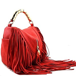 Metal Ring Decorated Handle Fringe Style Satchel/Messenger Bag