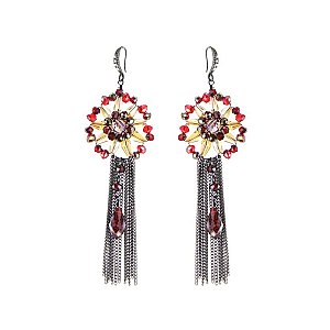 Trendy Handmade Beaded Flower Burst With Dangly Chain And Beads Fishhook Earrings SLER0106