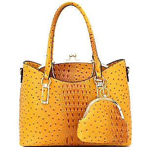 [S]F0209-LP  Ostrich Embossed Kiss-lock Frame Satchel 3 in 1 Tote