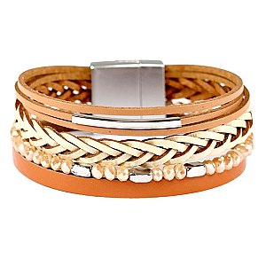 FB1383-LP  Glass Bead Braided Leather Magnetic Finish Bracelet