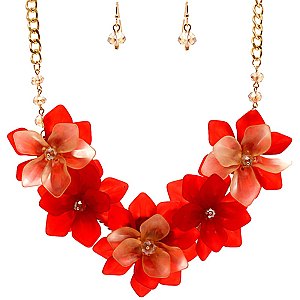 Acrylic Flower Beaded Chain Statement 20" Necklace SET MH-FS3091