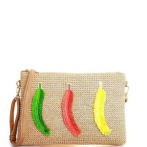 STYLISH WOVEN CANVAS FEATHER DESIGNED FASHION CLUTCH WITH LONG STRAP JYHB423