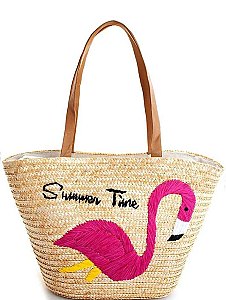 FLAMINGO DESIGN NATURAL STRAW WOVEN TOTE BAG