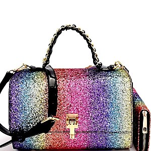 HG0052-LP Multi-colored Glitter Embellished Dressy Satchel Wallet SET