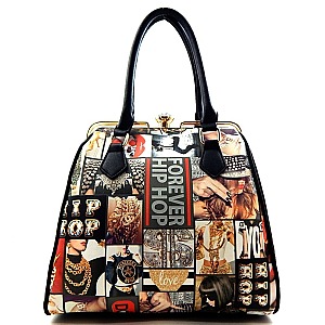 Magazine Print Diamond-top & Metal Frame Satchel