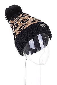 Pack of 12 Trendy Fur Lined Leopard Pompom Beanies