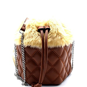 Fur-top Quilted Bucket Draw string Fashion Shoulder Bag
