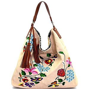 JY0146-LP Tassel Accent Flower Embroidery Reversible Hobo