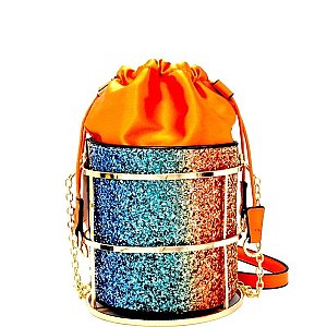 L0149-LP Unique Satin Drawstring Bag Glittery Framed Bucket Shoulder Bag