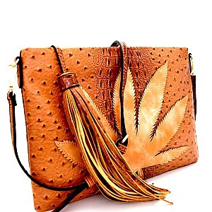 LY094-LP Large Leaf Accent Ostrich Print Embossed Tassel Oversized Clutch