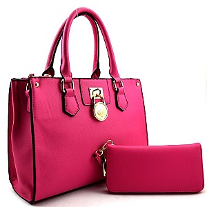 Padlock Accent 3 Compartment Satchel SET With Wallet
