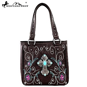 Turquoise Stone Medallion Cross Embroidered Tote Bag