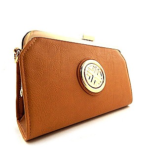 Emblem Accented Metal Framed Clutch Cross Body