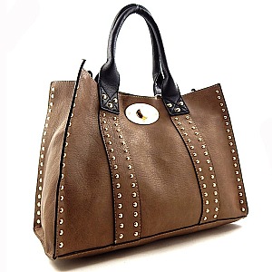 Turn-Lock Studded Leather Like Bag In Bag Tote