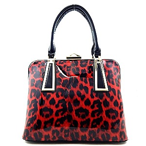 Patent Leopard Print Frame Fancy Metal Accent Tote