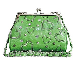 Love Heart Studded Stoned Long Chain Strap Clutch Bag