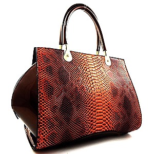 Snake Print Embossed Wing Satchel With Patent Trimming
