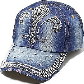 Fleur De Lis Vintage Denim Silver Rhinestone Hat
