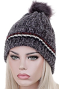 PACK OF 12 FASHION ASSORTED COLOR FLEECE LINED POMPOM BEANIES