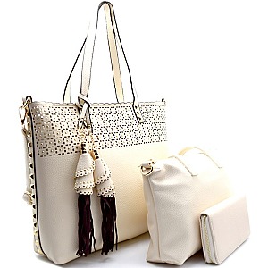 [S]YS4124-LP Tassel Accent Studded Laser-cut 3 in 1 Tote SET