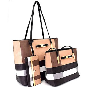 [S]BL1019T-LP Bow Accent 3 in 1 Plaid Print Tote SET