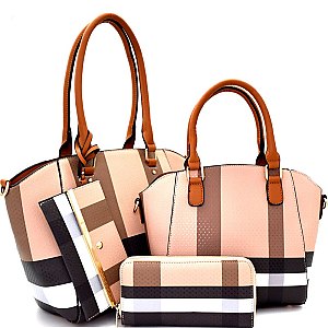 [S]BL1027T-LP Checker Plaid Print 4 in 1 Twin Tote SET with Wallet