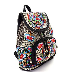 BP105-LP Bohemian Flower Embroidery Drawstring Backpack