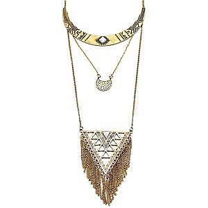 CON7049-LP Tribal Etched Fringed Statement Necklace