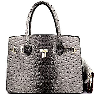 [S]EW1552-LP Padlock Accent Ostrich Embossed Large Tote Wallet SET