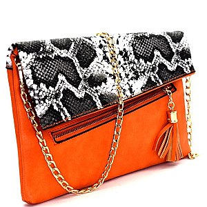 GS6307-LP Snake Print Embossed Asymmetrical Fold-Over Clutch