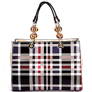 GZ6157-LP  Plaid Checker Pattern Chain Accent Patent Tote