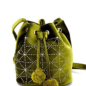 L0115-LP Gold-tone Studded Velvet Pom Pom Drawstring Bucket Bag