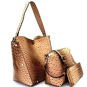 [S]LHU0401W-LP Ostrich Print Embossed 3 in 1 Hobo Wallet SET