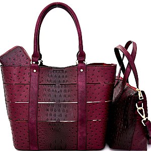 [S]LJQ028-2W-LP Ostrich Embossed Cut-Out 3 in 1 Tote Wallet SET