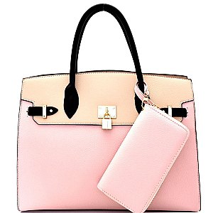 [S]MS1309ES-LP Padlock Accent 2 Tone Oversized Structured Satchel SET