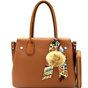 [S]N11625-LP Scarf Pom Pom Accent 3-Compartment Tote Wallet