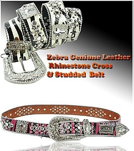 ZR-B001D , Zebra Geniune Leather Rhinestone  Cross & Studded Belt